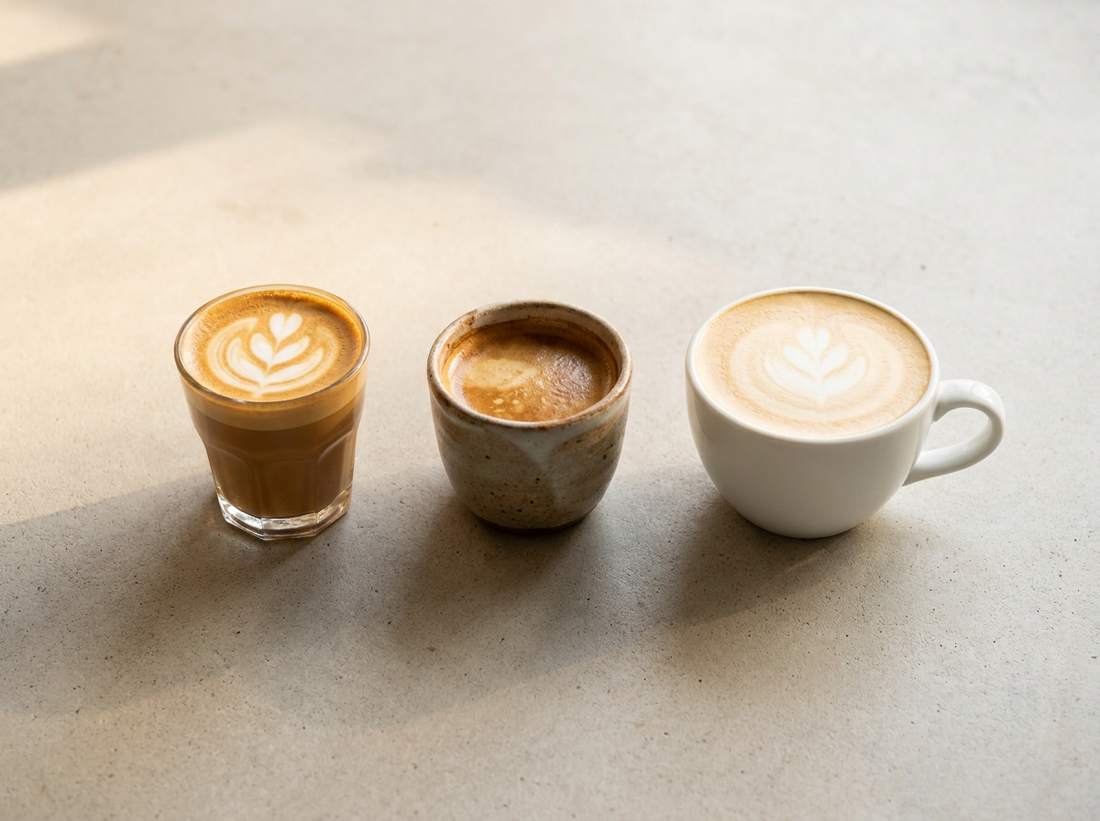 Three small milk espresso drinks — cortado, flat white, and piccolo — arranged side by side on a concrete surface