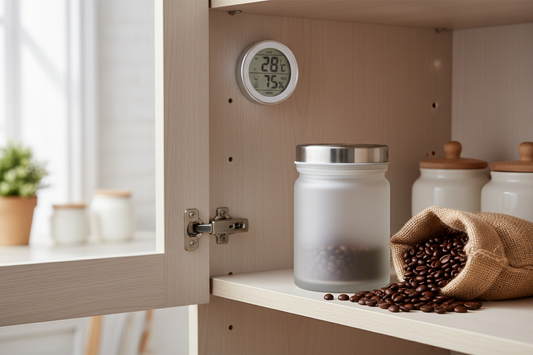 Airtight coffee container storing whole beans in a cool cupboard for freshness in Australian heat and humidity.