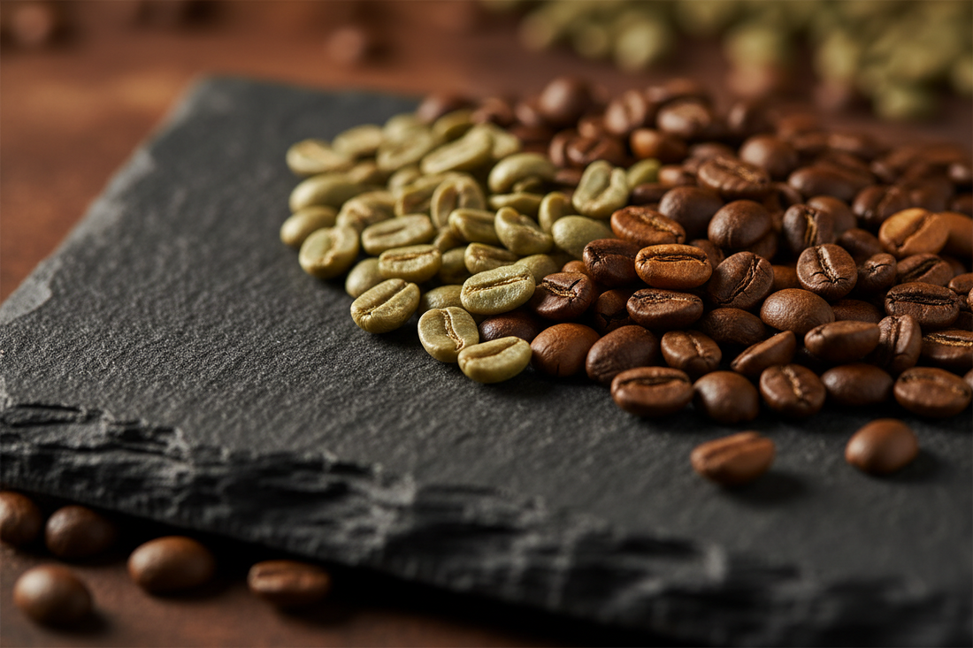 Close-up of Indonesian specialty coffee beans arranged on dark volcanic stone, showing the rich tones and texture of single origin coffee freshly roasted in Melbourne.