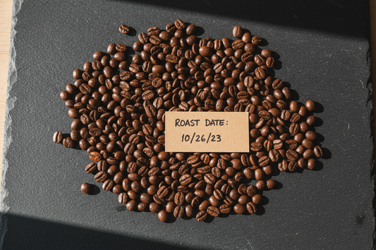 Freshly roasted Indonesian coffee beans from Ariga Coffee Australia spread on a dark slate surface with a handwritten roast date tag, showing the texture and deep brown tones of small-batch Melbourne-roasted specialty coffee.