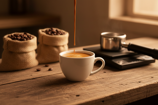 A double espresso pouring into a white ceramic cup on a timber bench, with roasted coffee beans and a precision scale in the background, warm natural lighting