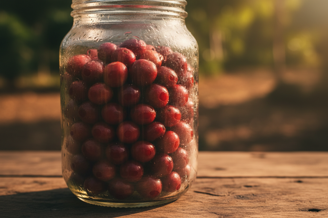 Whole red coffee cherries sealed in a glass jar during anaerobic fermentation, soft warm light on a wooden surface