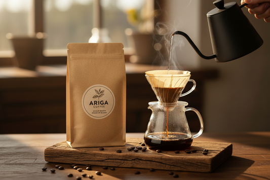 Ariga Coffee single origin bag and V60 pour-over setup on a wooden board, gift presentation