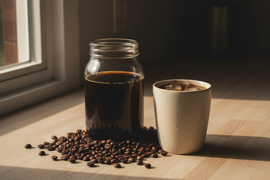 A jar of cold brew coffee concentrate beside a glass of iced coffee and scattered roasted beans on a wooden counter