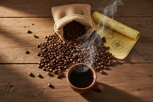  Java single origin coffee beans with a brewed cup, flat lay on a wooden surface with soft natural light