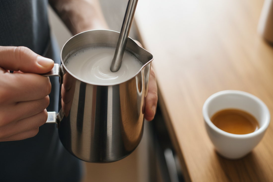 Steaming milk with a steam wand for a flat white, showing microfoam texture in a stainless steel jug beside an espresso shot.