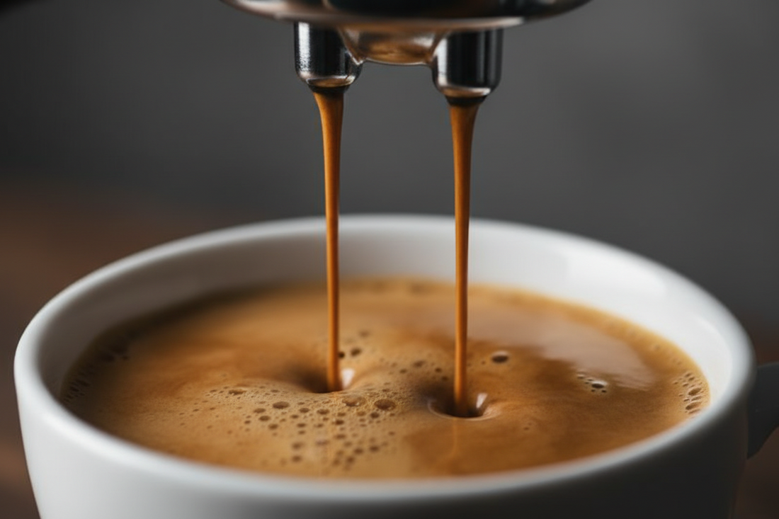 Espresso pouring into a cup with a layer of crema on top.
