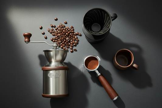 Burr grinder with coffee beans, a portafilter, and a filter dripper on a kitchen bench.
