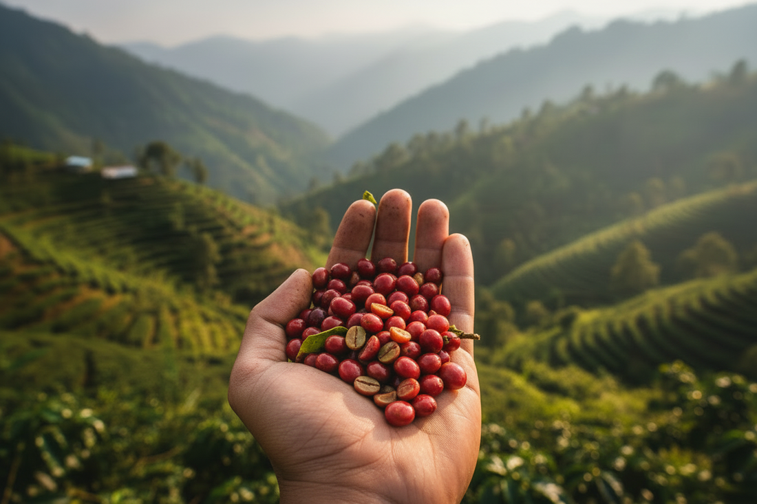 Close-up of green Gayo Aceh coffee beans in an open hand, with terraced highland farmland visible in the background — Gayo Highlands, Aceh, Indonesia.