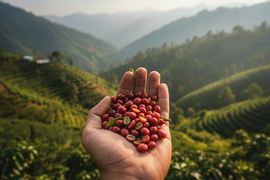Close-up of green Gayo Aceh coffee beans in an open hand, with terraced highland farmland visible in the background — Gayo Highlands, Aceh, Indonesia.