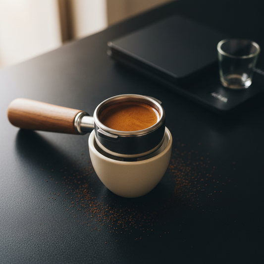 Bottomless portafilter with freshly tamped espresso puck on black surface next to espresso cup and scale.