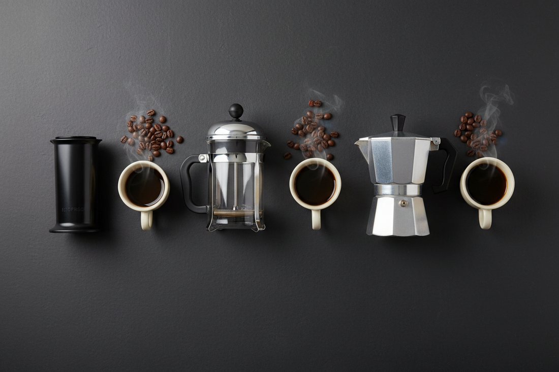 AeroPress, French Press, and Moka Pot side by side — a comparison of three popular home coffee brewing methods