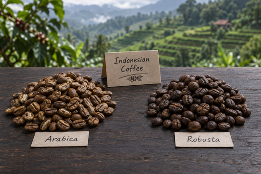 Two piles of coffee beans side by side on a dark surface — oval arabica beans on the left, rounder robusta beans on the right — with a blurred Indonesian highland landscape in the background
