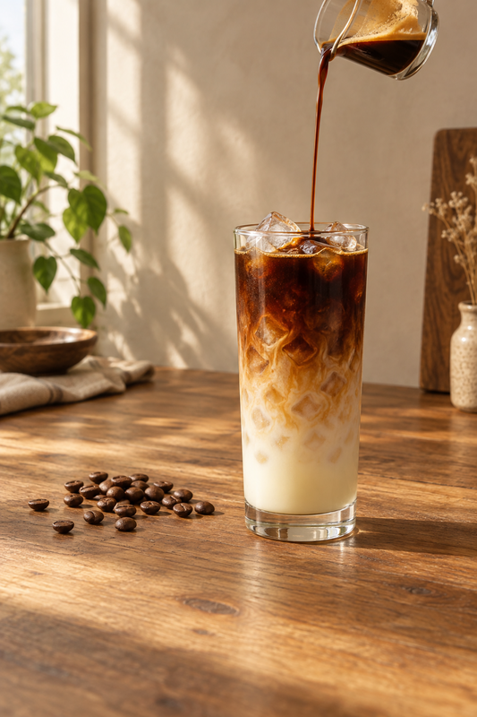 A tall glass of es kopi susu over ice with a dark espresso layer slowly blending into sweetened condensed milk, set on a wooden surface with coffee beans scattered nearby.