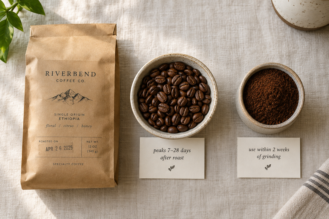 Three stages of coffee freshness displayed on a linen surface — sealed bag with roast date, whole beans, and ground coffee with freshness timelines