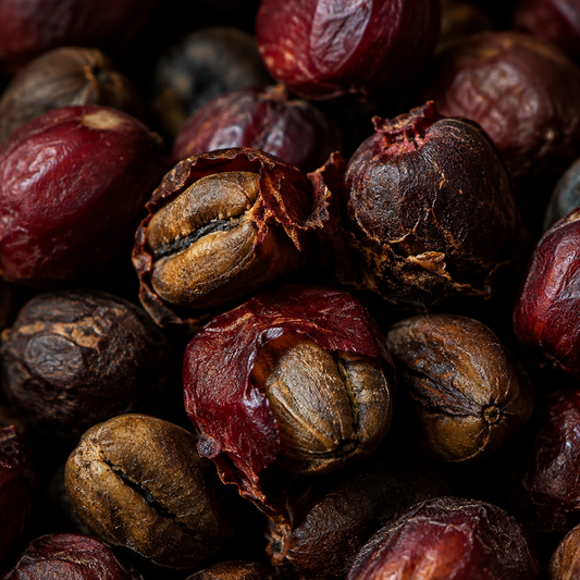 Close-up of natural processed Gayo coffee beans showing dried cherry skin and rich earthy tones of red and burgundy